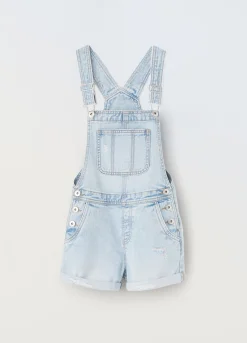 Blukids Salopette corta in denim di puro cotone ragazza- Pantaloni