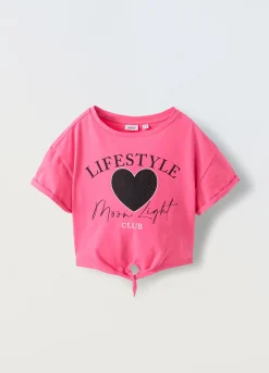 Blukids T-shirt in puro cotone con strass e nodo ragazza- T-shirt